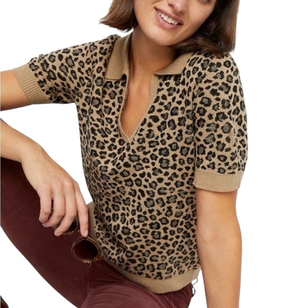 Anthropologie Liv Leopard Sweater S Short Sleeve V Neck Pullover